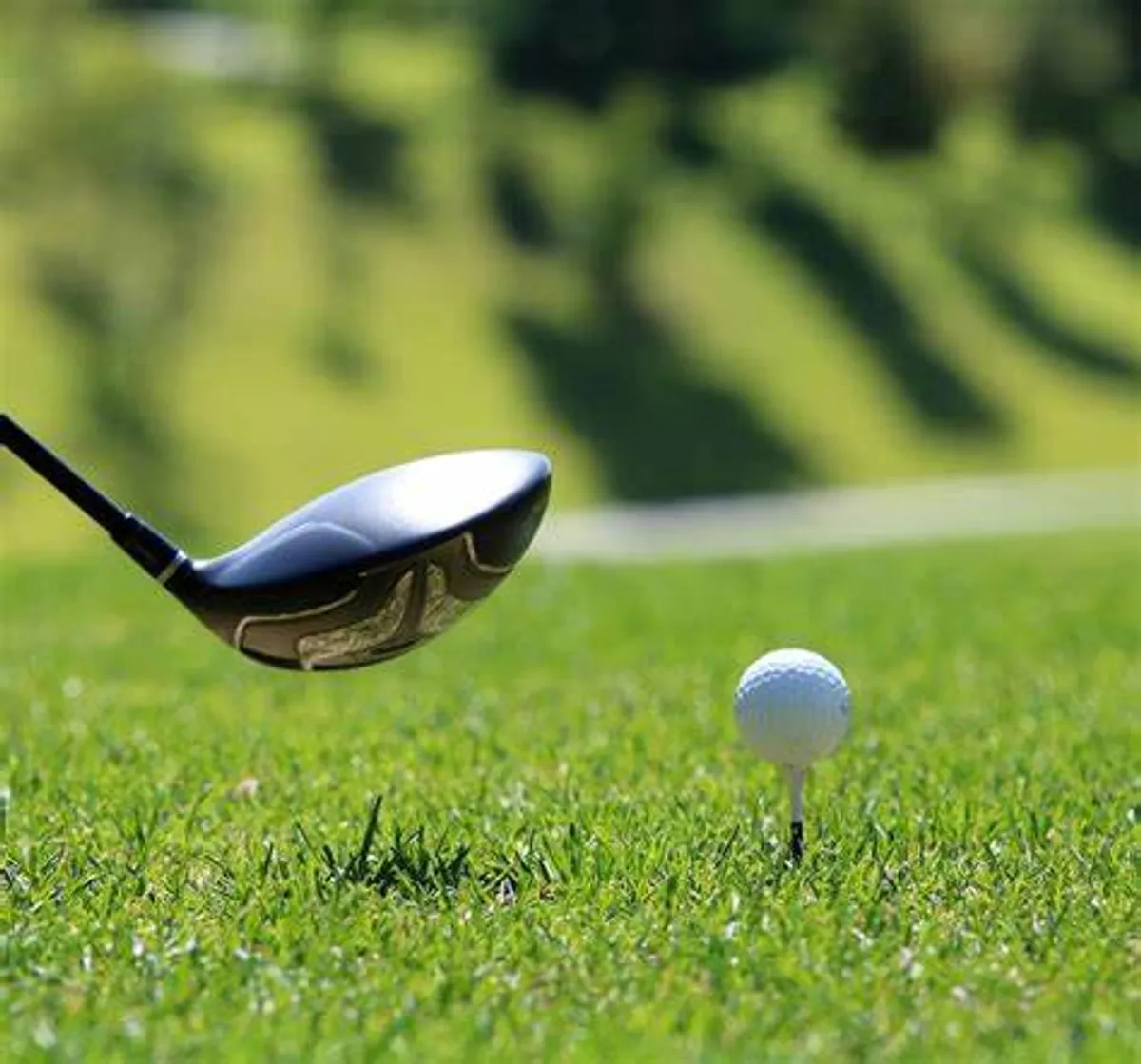 A close-up of a golf club and ball poised on lush green grass, suggesting nearby golf course access and active outdoor pursuits.