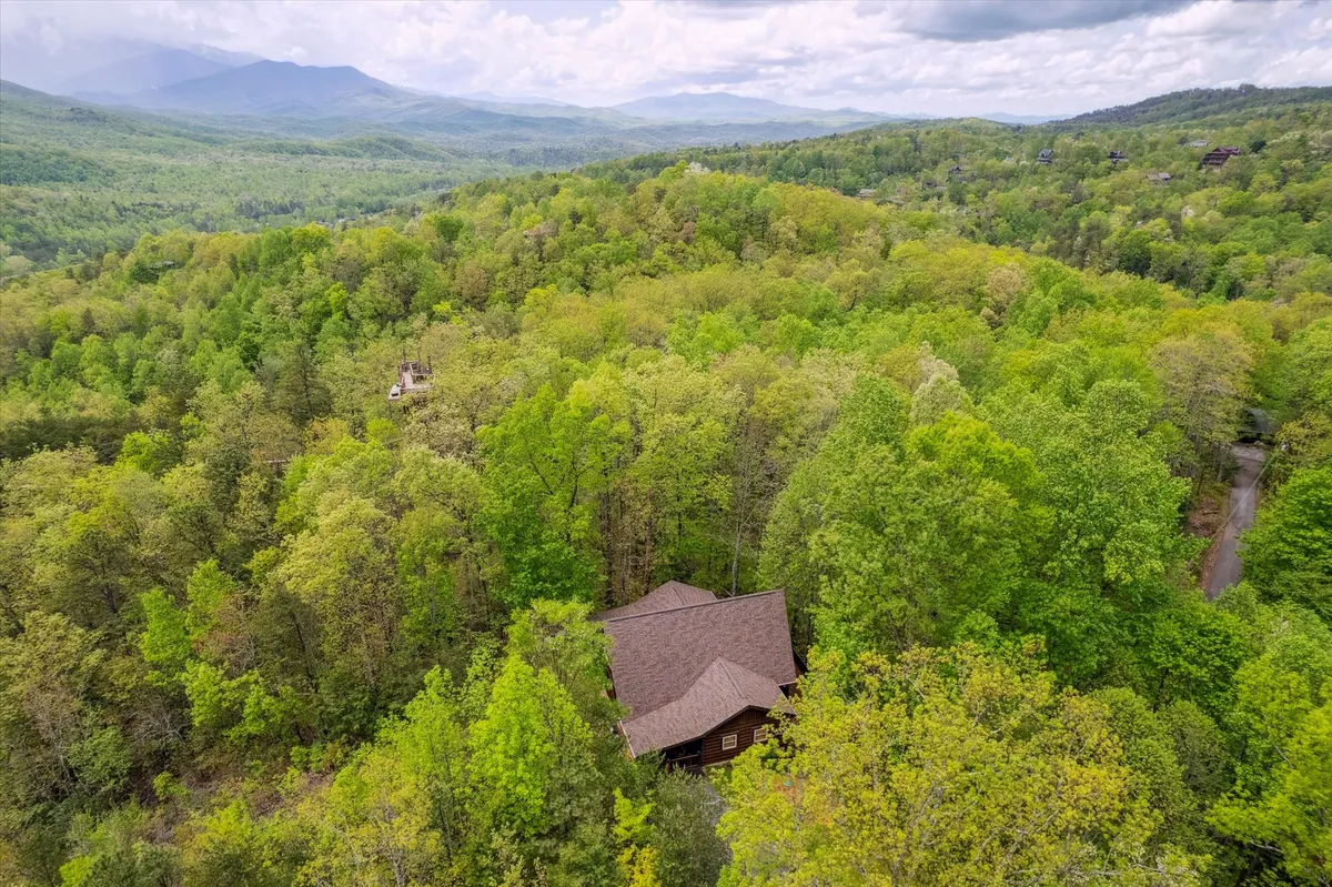 An aerial perspective shows the cabin tucked among trees, expansive green lawns, and distant mountain views. The landscape invites exploration, with nature trails and hiking opportunities clearly suggested by the setting.
