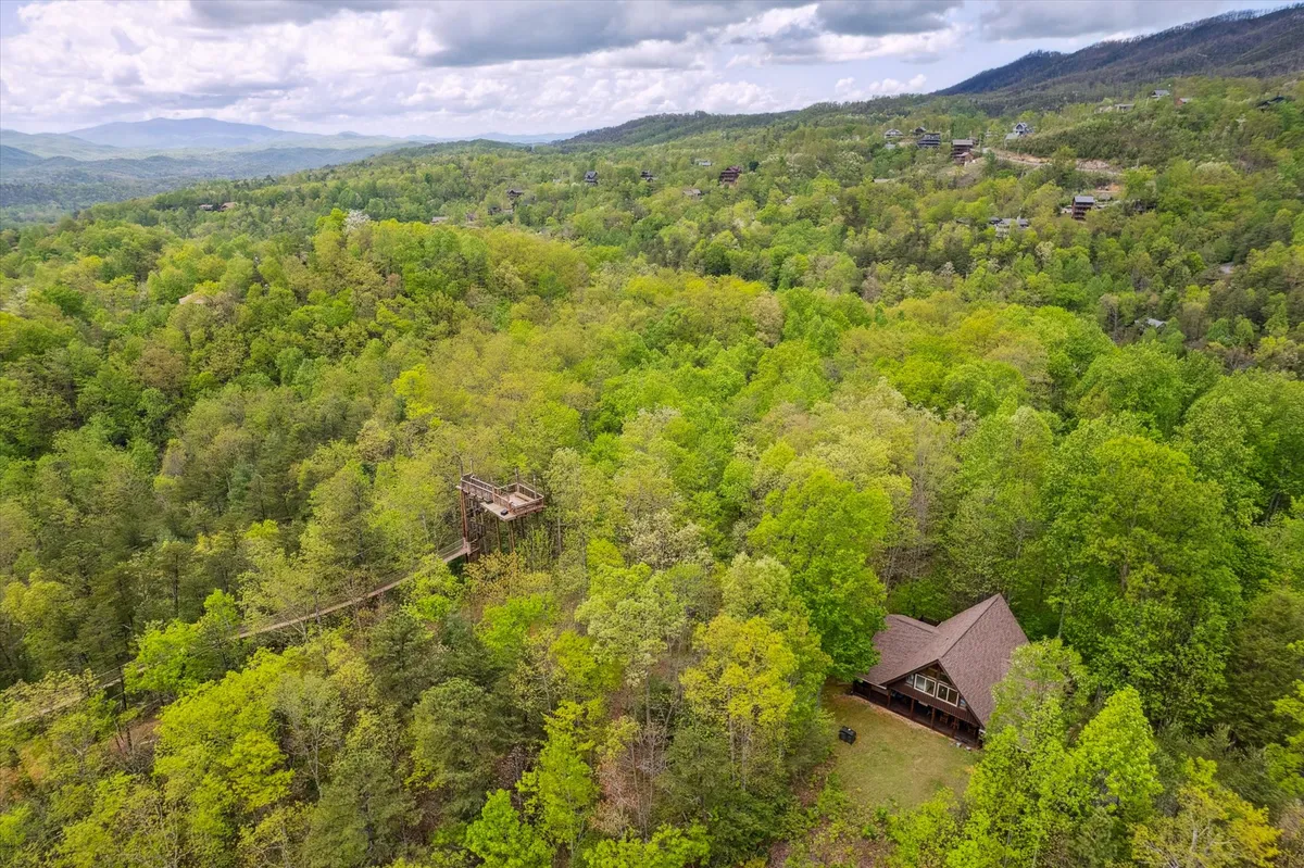 This image captures an A-frame cabin nestled in a dense forest with a dramatic mountainous backdrop. The scene evokes a sense of adventure and closeness to nature, inviting families to explore hiking trails and outdoor activities right outside the cabin.